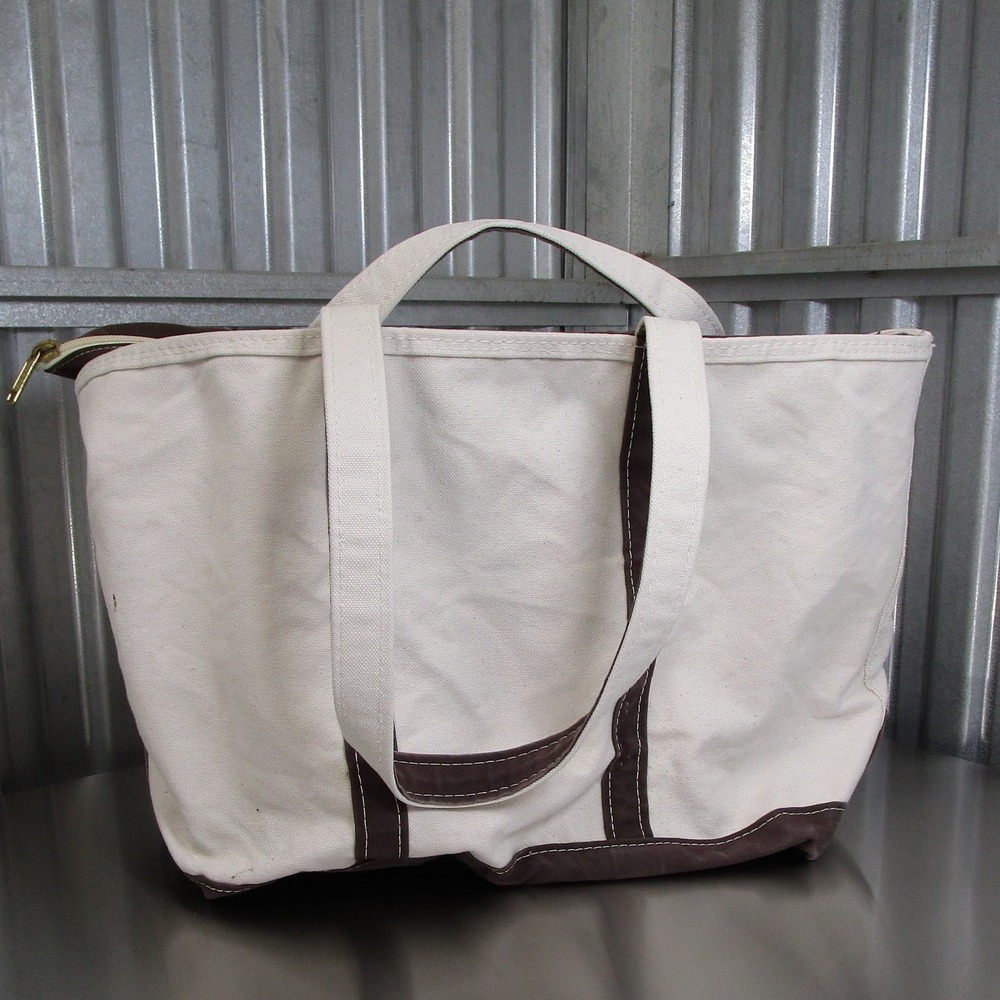 LL Bean Boat and Tote Bag Zip Top Canvas Cream Brown Made in USA Large